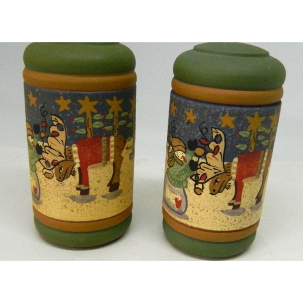 VINTAGE HAND PAINTED WOOD HOLIDAY SALT PEPPER SHAKERS SNOWMEN REINDEER EXC
